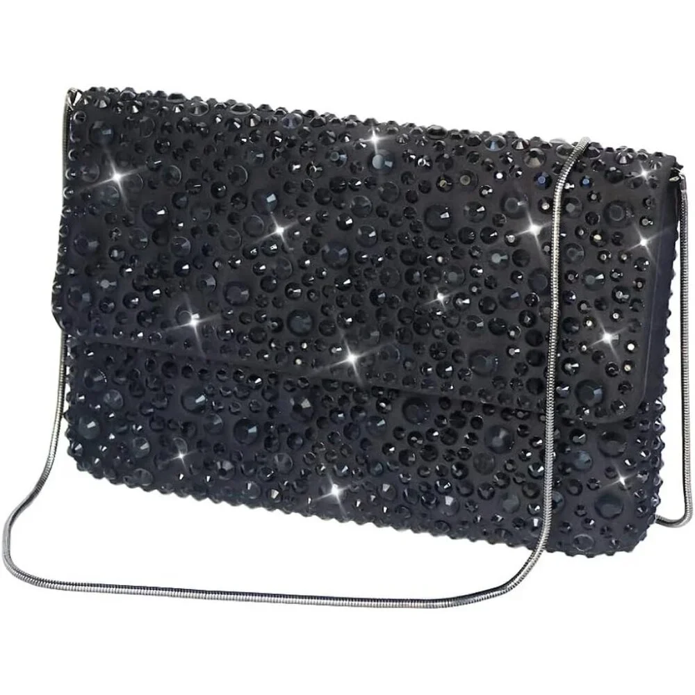 ⚡ Women's‎ Sparkling Black Evening Rhinestone Shoulder Chain Crystal Clutch Bag